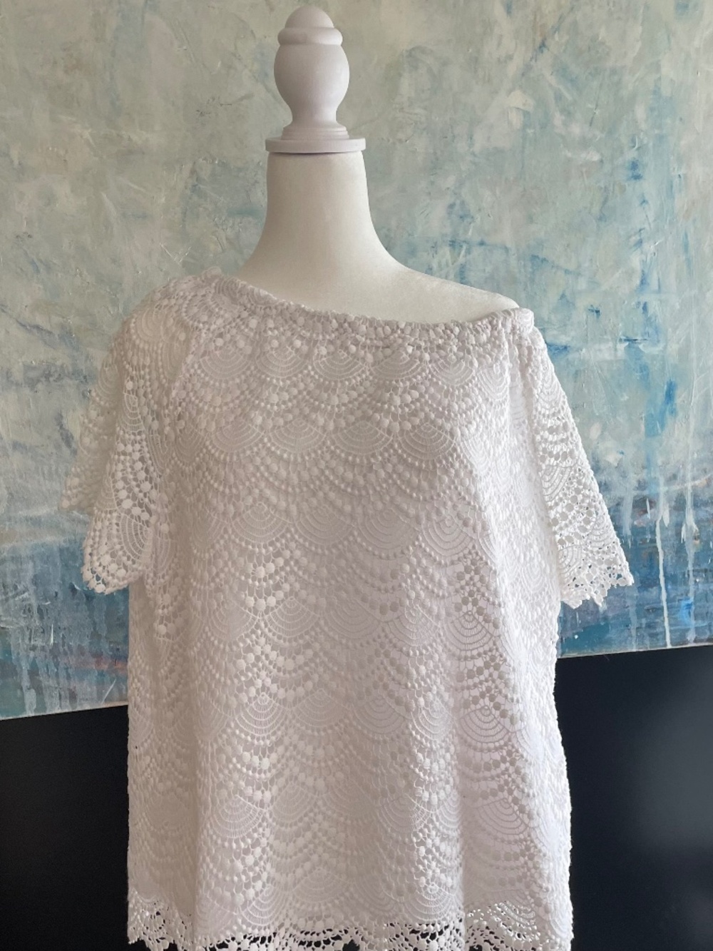 Talbots White Crochet Lace Blouse with Elastic Neck Cottage Boho Coquette 2Xp - Picture 3 of 12